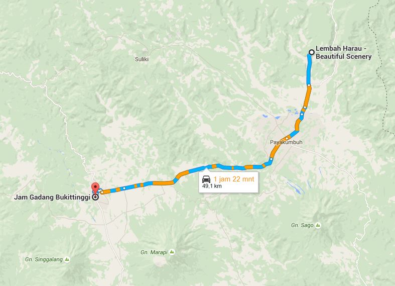 Perkiraan jarak yang ditempuh dari Bukittinggi ke Lembah Harau (sumber google maps)
